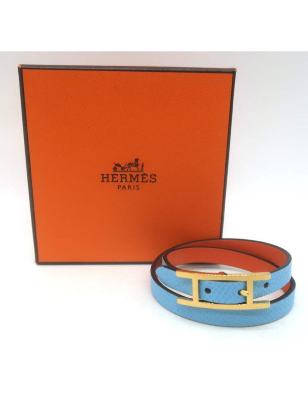 Hermes Behapi Double Tour Reversible Bracelet Blue/Orange Leather SZ T2